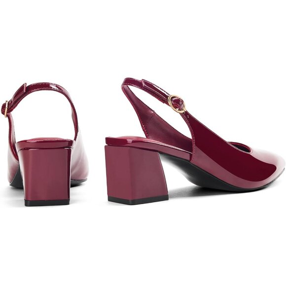 Women Slingback Wine Red Toe Block Heel Pump Low Heel Office Wedding Dress Shoes - Picture 3 of 7